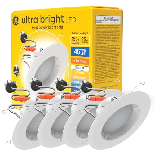 GE Ultra Bright LED Recessed Downlight Fixture, RS6 Indoor Floodlight, 6-Inch, Multiple Color Temperatures, 150 Watt Replacement (4 Pack) - style: 2200 Lumens