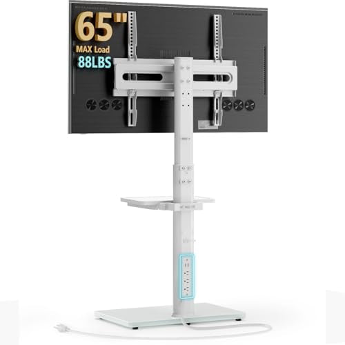 AX WABER Floor TV Stand with Power Outlet& Shelf, Universal TV Stand Mount for 27-65 inch TV up to 88lbs, 70 Degree Swivel 9 Level Height Adjustable with Tempered Glass Base for Bedroom, Office White - color: White, size: Floor TV Stand with Power Outlet