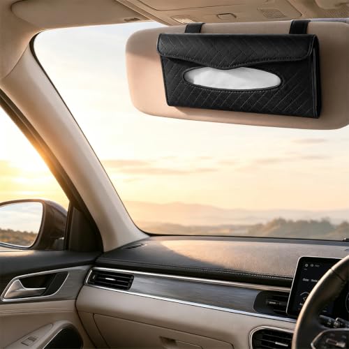 Car Visor Tissue Holder, Clip-on, Large Opening, PU Leather, Black - color: Black