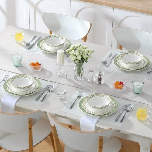 Bone China Dinnerware Set for 4, 12 Pcs White Plates and Bowls, Green Rim - color: Green