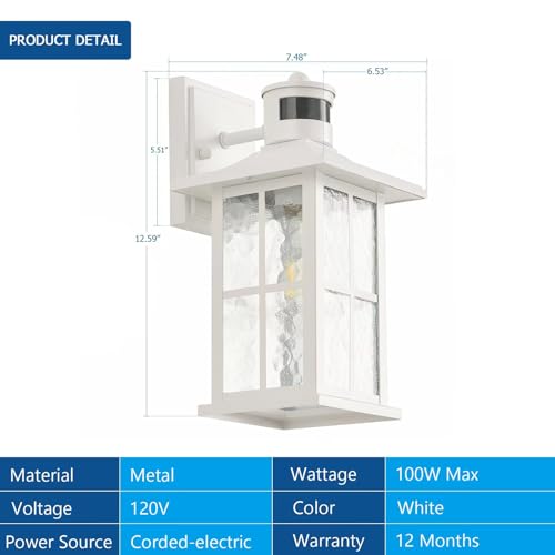 2 Pack Motion Sensor Porch Lights White Dusk to Dawn Outdoor Wall Lantern - color: White 2-Pack