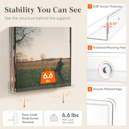 Lifewit Narrow Acrylic Floating Shelves for Vinyl Record 12", Clear 6 Pack