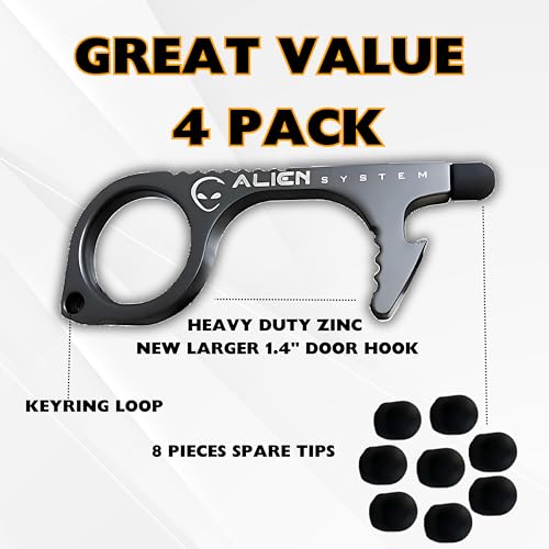 No Touch Door Opener Keychain 4 Pack - Larger Hook, Stylus & Bottle Opener - color: Silver Pearl + Gun Grey