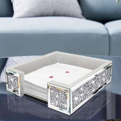 Wocred Flat Mirror Napkin Holder for Bathroom Vanity,Crystal Crushed Diamond Guest Towel Holder,Cute Napkin Tray for Kitchen,Dining table,Guest Bathroom.(8.1”X8.1”X2.6”) - size: 8.1x8.1x2.6 inch