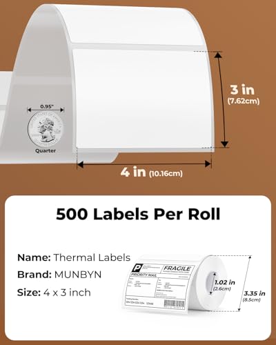 MUNBYN 4x3 Thermal Labels, 500 Sheets/1 Roll, White - color: White, size: 4x3"