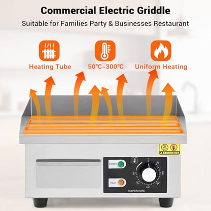Commercial Electric Griddle 14 Inch – 1500W Stainless Steel, Non-Stick Flat Top Teppanyaki Grill, Adjustable Temp 50°C-300°C (122°F-572°F), Includes 2 Shovels & 2 Brushes, Countertop