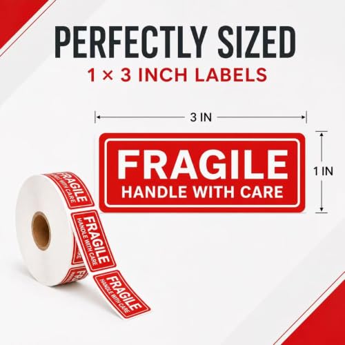Pacific Mailer Fragile Stickers 1" x 3" Fragile Handle with Care Warning Packing Shipping Label with Self Adhesive for Moving, Shipping [1000 Labels Per Roll]
