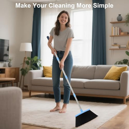 Broom and Dustpan Set 52-in Long Adjustable Handle Broom Dustpan Combo - color: Blue