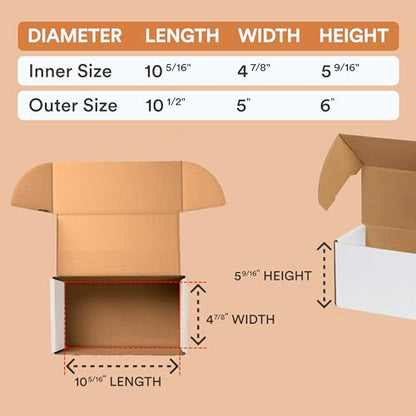 Box USA 10" Deluxe Shipping Boxes, 10 1/2"L x 5"W x 6"H, 50-Pack - White Box Mailers for Packaging, Storage, Gifts or Bulk Business Orders - size: 10 1/2 x 5 x 6" 50-Pack