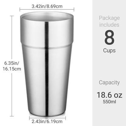 Beasea Stainless Steel Cups 19 oz, 8 Pack Large 18.6oz 550ml Stackable Stainless Steel Tumbler Double Wall Insulated Individual Metal Pint Glasses Tin Drinking Cups for Home Party Camping - color: General, style: 18.6oz 8pcs