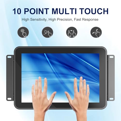 10-Point Multi-Touch Industrial Display, 10.1 Inch Open Frame Capacitive Touch Screen Monitor, 1280x800 10-Point LCD Display, IP65 Front Waterproof with HD-MI VGA Ports - size: 10.1