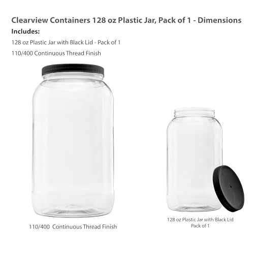 1 Pack - 128 oz (1 Gallon) Plastic Storage Jars with 110-400 Leak Proof Black Lids, Food Grade, BPA Free, Hand Wash Only (128oz, BLK, 1PK) - size: 1pk - 128oz, Black Lid