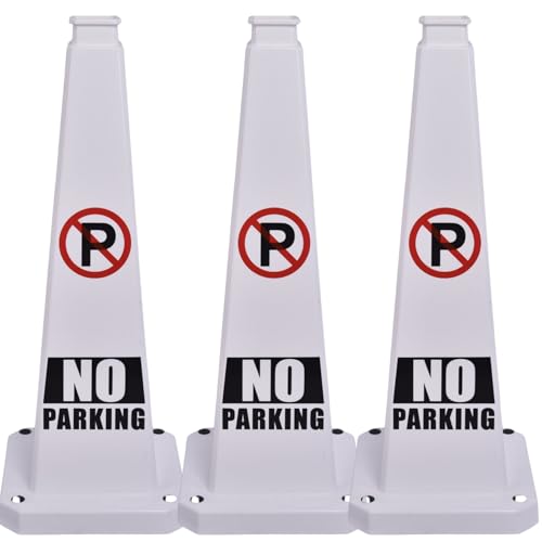 BESEA No Parking Cones 3 Pack, 28 Inch Heavy Duty Weighted Parking Cones - color: White, size: 28INCH With Caution Sign