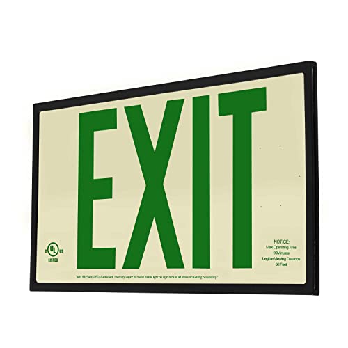 LFI Lights® UL 924 Listed 50' Photoluminescent Exit Sign, Green Letters, Black Frame, Rigid Plastic, Single-Sided, Wall Mount, Optional Arrows, Glow in the Dark, No Power or Battery Needed, PA1G50 - color: 2 Green