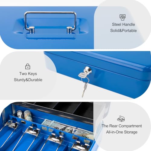 Jssmst Metal Cash Box with Money Tray and Lock, Portable Cash Drawer, 11.8" - color: Blue Key-C