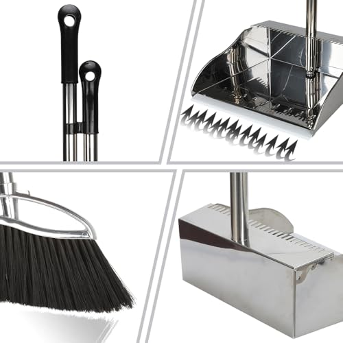 Indoor Broom and Dustpan Comb Set,Heavy Duty Stainless Steel Metal Dust Pan with Long Handle Sweeping Soft Bristles Broom for Floor Home Lobby Office - style: Indoor Broom and Dustpan