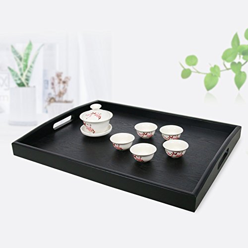 DILLMAN Serving Tray Large Black Wood Rectangle Food Tray Butler Tray Breakfast Tray with Handles (Large) - size: 17.3" x 13.4" x 1.6"