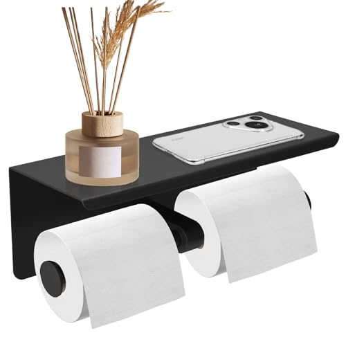 Double Toilet Paper Holder, Stainless Steel Tissue Paper Holder with Shelf Anti -Rust Toilet Paper Dispenser Wall Mounted for Bathroom (Black New) - color: Black New