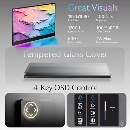 SOTSU FlipAction Go 14" Premium Portable Monitor | Full HD 1080p | 400 Nits | 100% sRGB | Robust yet Lightweight | Pivoting Landscape & Portrait Display | Tempered Glass Cover | USB-C & Mini HDMI | 5W - color: Stealth Black