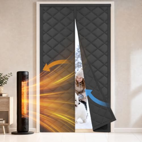 FEGO Thermal Insulated Door Curtain Fit 32"x80" Doors, Magnetic Door Curtain Size 34"x82", Waterproof Oxford&Thick Cotton Filling, Windproof&Keep Warm in Winter, Self-Close&Privacy Protection-Black - color: Black, size: Insulated Curtain Fits Door Size 32