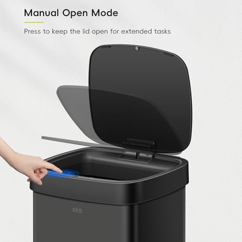 EKO EcoSmart 80L / 21.1 Gallon Motion Sensor Trash Can or Recycling Bin – Tall, Large Touchless Kitchen Garbage Bin with Soft-Close Lid for Home or Office, Brushed Stainless Steel, Matte Black - size: EcoSmart 80 liter - Matte Black