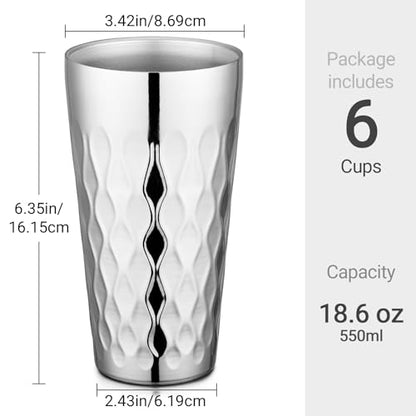 Beasea Stainless Steel Cups 19 oz, 6 Pack Large 18.6oz 550ml Stainless Steel Drinking Cups Tumbler Stackable Double Wall Insulated Individual Metal Pint Glasses Tin for Home Party Camping - color: Silver Ripple, style: 18.6oz 6pcs
