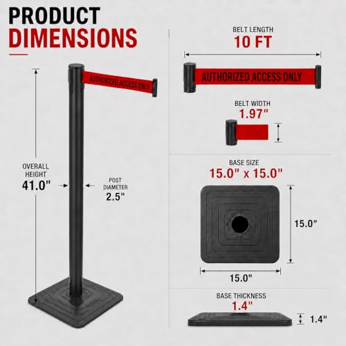 4-Pack 41" Heavy Duty Crowd Control Stanchions with 10FT Retractable Belt – Red "Authorized Access ONLY" – Stable Rubber Base for Hotel, Airport, Bank, Store, Events - color: Authorized Access ONLY, size: Rectangular Base