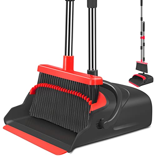 Upgrade Broom and Dustpan Set, Broom with Dustpan Combo Set, Large Size and with Long Handle, Upright,Ideal for Indoor Outdoor Garage Kitchen Room Office Lobby Use (Black&Red) - color: Black&red