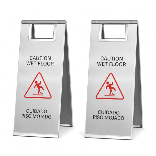 2 Pack Wet Floor Signs 24 Inch Stainless Steel Caution Sign Silver - color: Silver