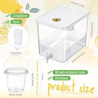 Funnymoom 93 Pcs Lemonade Stand Supplies Include 2 Pack 2.3 Gallon Iced Beverage Dispenser with Spigot 30 Sets 16 oz Lemonade Drink Buckets with Handle Lids Straws Stickers for Party Outdoor Summer