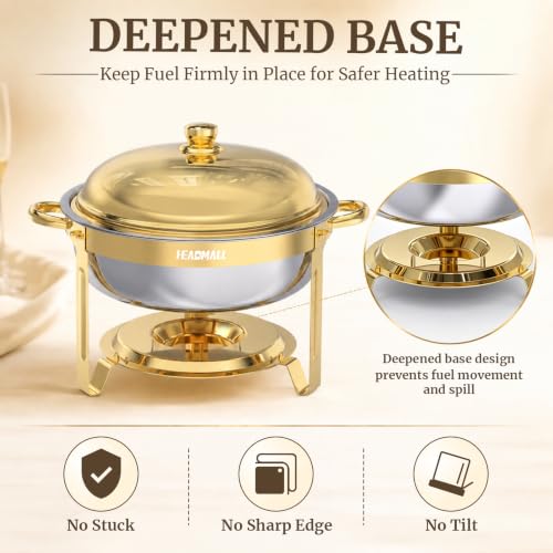 HEADMALL Chafing Dishes for Buffet 4 Pack, 6QT Round Gold Chafing Dish Buffet Set with High Dome Lid, Stainless Steel Food Warmers for Parties, Catering Supplies and Buffet Servers, Safe Rolled Edge - color: Gold