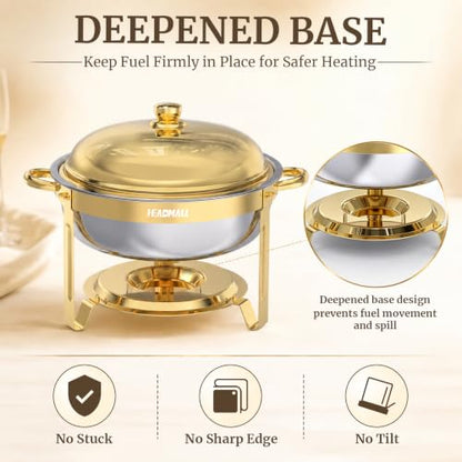 HEADMALL Chafing Dishes for Buffet 4 Pack, 6QT Round Gold Chafing Dish Buffet Set with High Dome Lid, Stainless Steel Food Warmers for Parties, Catering Supplies and Buffet Servers, Safe Rolled Edge - color: Gold