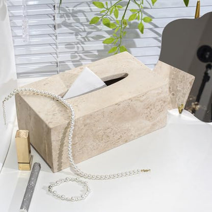 DUANYAN Italian Travertine Tissue Box Cover, Rectangular, Natural Stone - color: Beige
