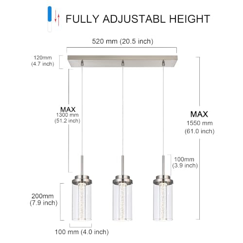 MELUCEE LED Linear Pendant Light Brushed Nickel 20.5IN with Clear Glass - color: Brushed Nickel, size: 3-Light-Rectangle
