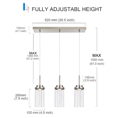 MELUCEE LED Linear Pendant Light Brushed Nickel 20.5IN with Clear Glass - color: Brushed Nickel, size: 3-Light-Rectangle