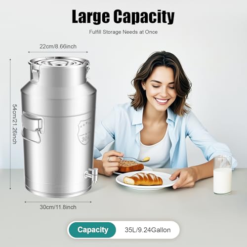 304 Stainless Steel Milk Bucket with Faucet,Milk Buckets with Lid Can Large Liquid Container Storage,Sealing Lid and Carry Handle, Airtight Design(35L/9.24 Gal,w/Faucet) - size: 35L/9.24 Gal,w/Faucet