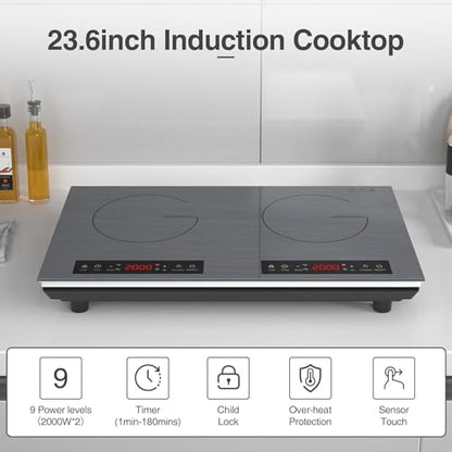 VBGK Double Induction Cooktop, 24 inch 4000W Electric cooktop with hot plate, induction stove top with LED Touch Screen 9 Levels Settings with Child Safety Lock & Timer 110V Induction cooktop 2 burner