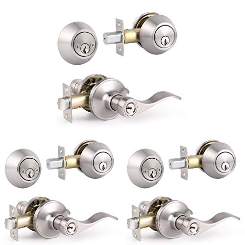 Knobonly 3 Sets of Wave Style Entry Door Handle Set with Double Cylinder Deadbolt in Satin Nickel Finish, Keyed on Both Sides, All Keyed Alike Combo Pack - color: Satin Nickel, size: 3 Pack, style: Double Cylinder