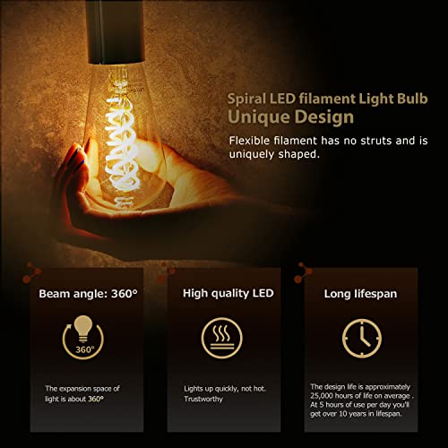 6 Pack ST19 ST58 Edison Bulb, Vintage LED Filament Bulb,Softy White 2700K, Antique Flexible Spiral LED Filament Light Bulb, Dimmable 600LM, 6W Equivalent to 60W, E26 Base,Clear Glass