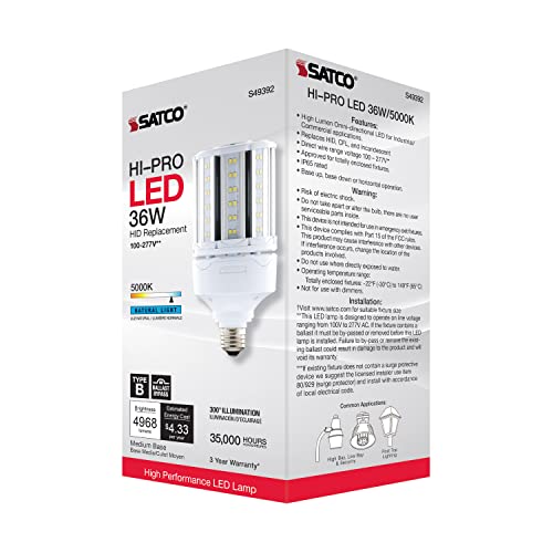 Satco S49392, 36W LED Corncob Bulb, HID Replacement, 5000K, Light Bulb
