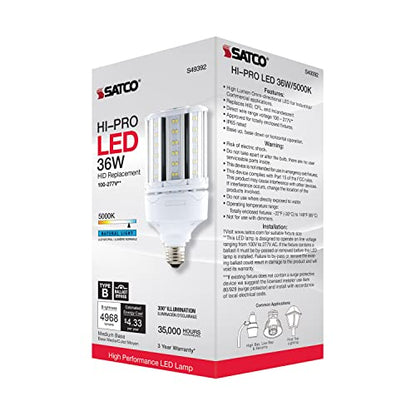 Satco S49392, 36W LED Corncob Bulb, HID Replacement, 5000K, Light Bulb