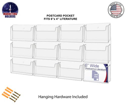 Marketing Holders Post Card Holder Acrylic 12 Slots Hold 6" Printed Media Wall Mount Hanging Hardware Included Use at Community Centers Gift Shops Motels Airports Historical Sites Convenient Clear - size: 20.25 x 22.25 inches