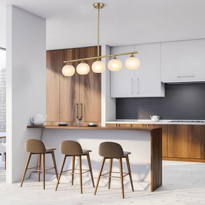 BYOLIIMA Modern Brushed Brass Linear Chandelier Over Table Frosted Striped Glass Shade Gold Mid Century Sputnik Globe Pendant Light Farmhouse Ceiling Hanging Light Fixture Dining Room Kitchen Island - color: Gold/Frosted White