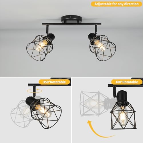 WILON Industrial Track Lighting Fixtures Ceiling, 2 Light Kitchen Ceiling Light Rotatable Spotlight Fixtrues E26 Base Wall Light Fixture, Black Flush Mount Light for Kitchen Hallway Entryway - color: Black, size: 2-Light-Cage
