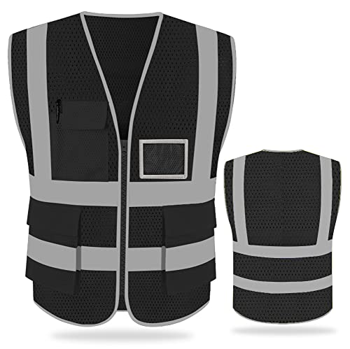 FEimaX High Visibility Safety Vest Mesh Work Vests with Reflective Strips - color: Black, size: Large