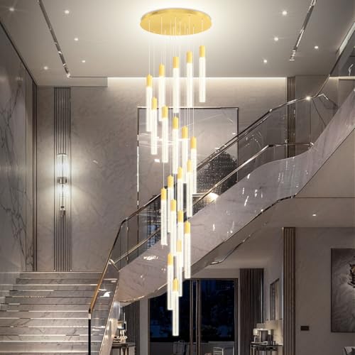 Large 20-Light Gold Crystal Chandelier Modern Dimmable LED Pendant Light Height Adjustable Hanging Fixture for High Ceilings Foyer Staircase Hotel Lobby - color: Gold, size: 20-Light