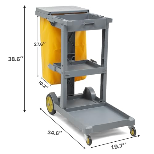 DWVO 3-Tier Janitorial Cart on Wheels, Grey Cleaning Housekeeping Cart - color: Gray