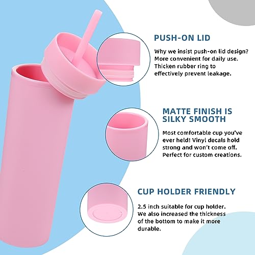 Volhoply 16oz Plastic Skinny Tumbler With Lid and Straw Bulk 4 Pack,Insulated Double Wall BPA Free Matte Acrylic Tumblers,Iced Coffee Travel Mug Reusable Party Cup,Customizable Diy Gifts(Pink,4 Set) - color: Pink