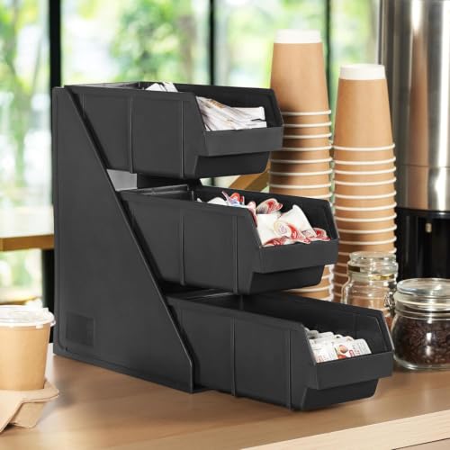 Black Self Serve Condiment Bin Stand Set, Removable Condiment Organizer with 3-Tier Stand and 3 Condiment Bins, 20" D x5.75 W x 14" H, Coffee Bar Beverage Station - size: 3 Bins