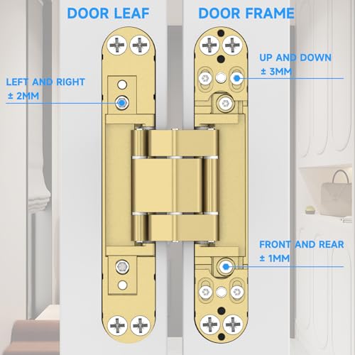 Hidden Door Hinges 2 Pack 6 inch 3-Way Adjustable 180° Gold Concealed Hinge - color: Gold, size: 6 Inch
